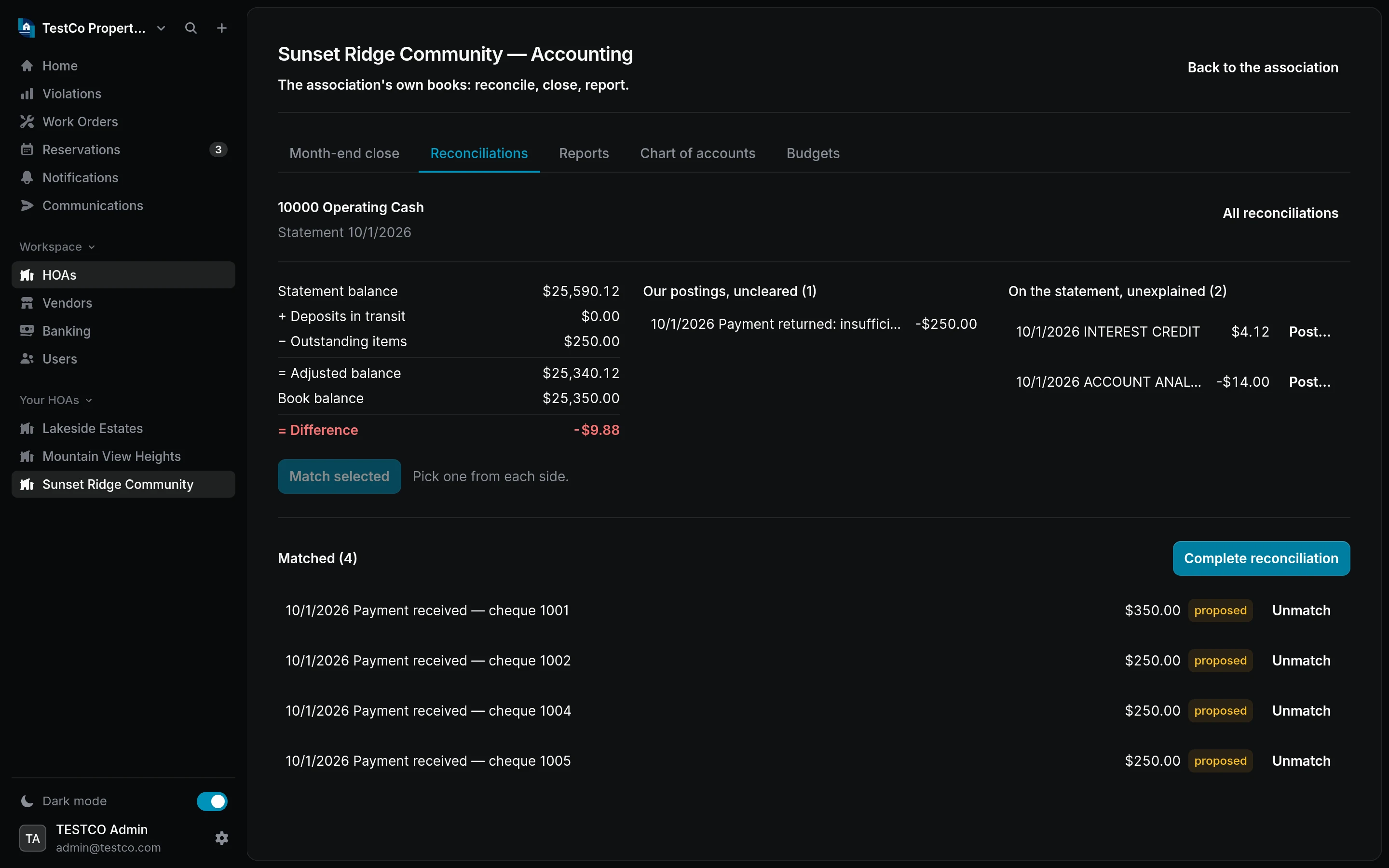 A bank reconciliation: statement balance, outstanding items, unexplained statement lines and matched payments
